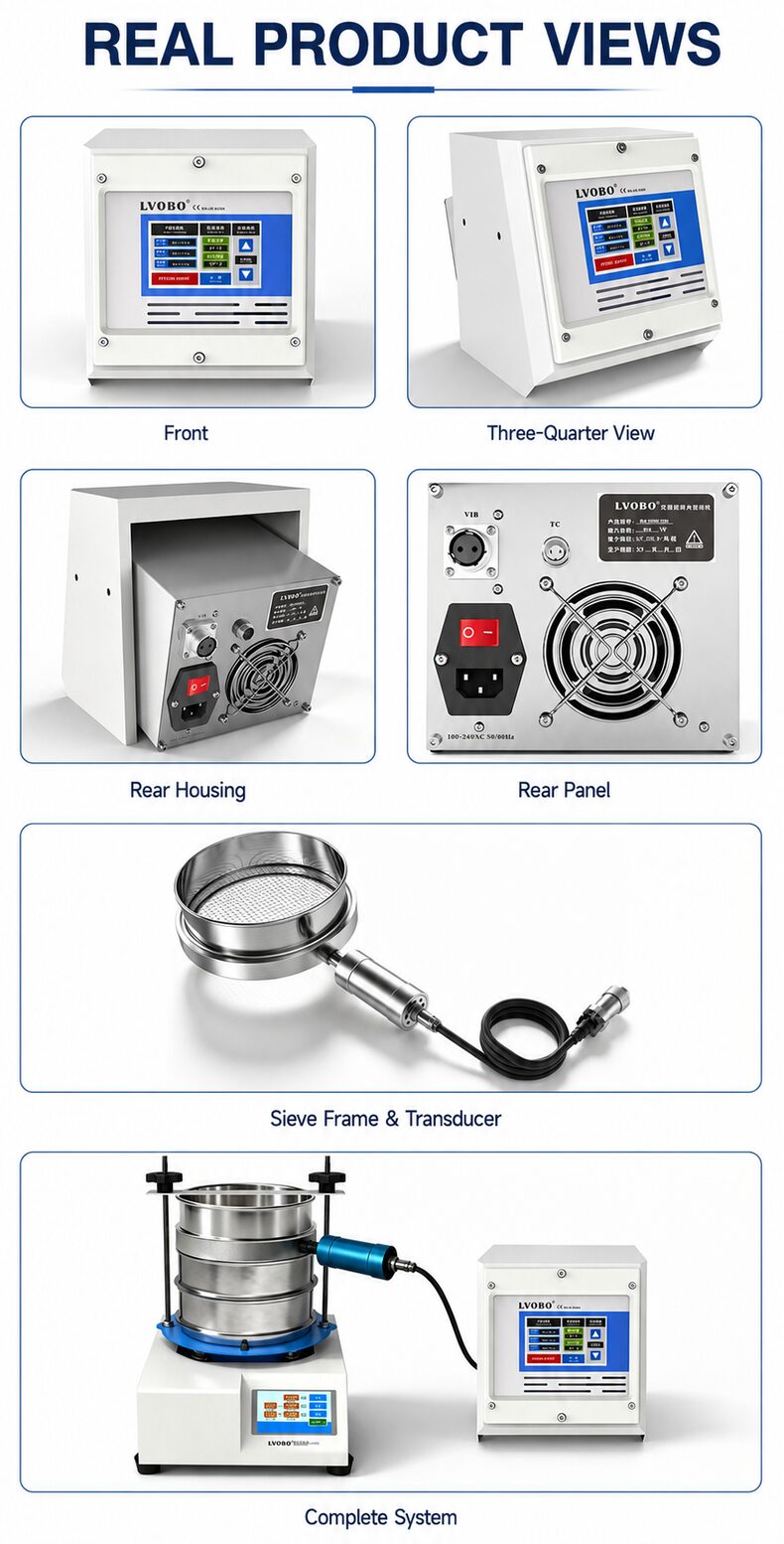 Front rear and complete-set views of the LVBO ultrasonic sieve generator system