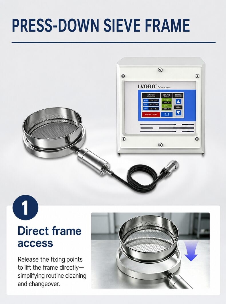 Press-down ultrasonic sieve frame and matched LVBO generator