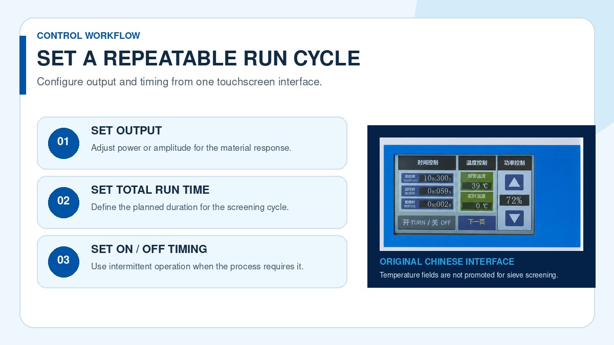 Touchscreen workflow for output level run time and intermittent timing