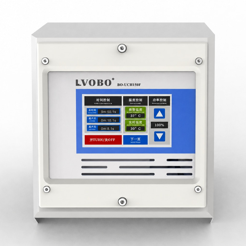 Actual separate ultrasonic generator and control unit shown beside its confirmed dimensions